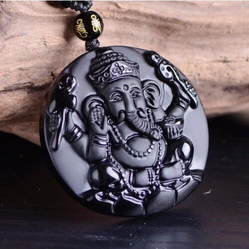 Obsidian four-arm spirit elephant pendant; the Indian god of treasure and treasure necklace Fashion woman&man Amulet Jewelry