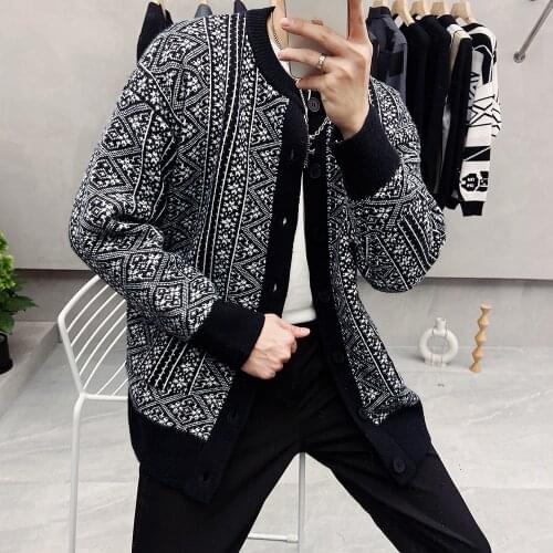 Autumn Winter Cardigan Men Loose Jacquard Thick Wool Casual Sweater Coat Fashion Mens Long Sleeve Warm Knittwear Men Clothing