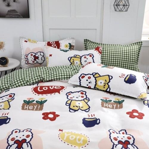 Cartoon White rabbit Bedding Set，Green grid Duvet Cover With Pillowcase 200x230,135x200 Child Quilt Cover,King Blanket Cover