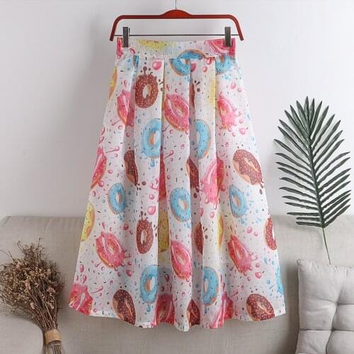 Casual Summer Mesh Midi Skirt Ladies Retro Donut Print Elastic High Waist Pleated Skirt Fashion Elegant Kawaii Girl Cute Skirt