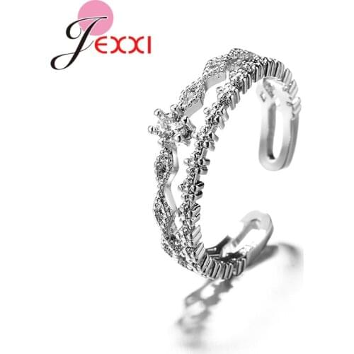 Flower Lace Diamand Shape Hollow Double Layer Open Ring 925 Sterling Silver Jewelry Zircon Crystal Fine Valentines Day Gift