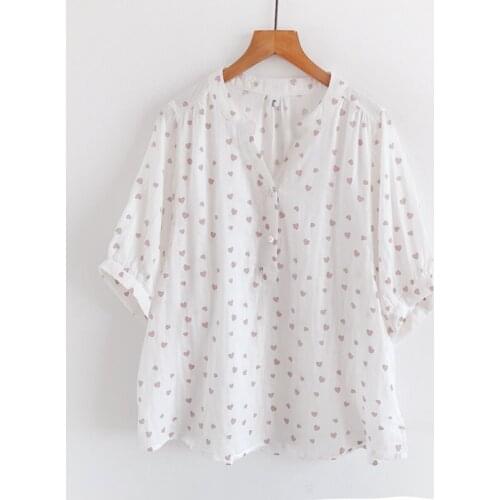 Sweet Style Cotton 100% Heart Printed Women White Shirts Loose V-Neck Half Sleeved Elegant Female Clothing Top Quality