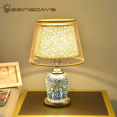SeeingDays 3D Fireworks Glass Stone Table Lamps For Bedroom Led Desk Lamp Golden and Silver Home Decor Up and Down Lighting
