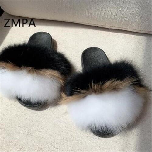 Kids/Childrens Summer Rainbow Slippers Women Fur Slides Street Fox Fur Slippers Fluffy Womans Sandals Home Shoes Big EU28-45