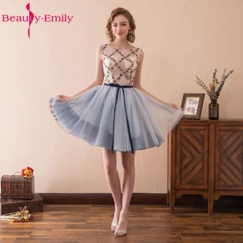 Beauty Emily Short Sky Blue Beads Formal Party Prom Dresses 2019 Knee Lneght Belts Lace Up Evening Gowns
