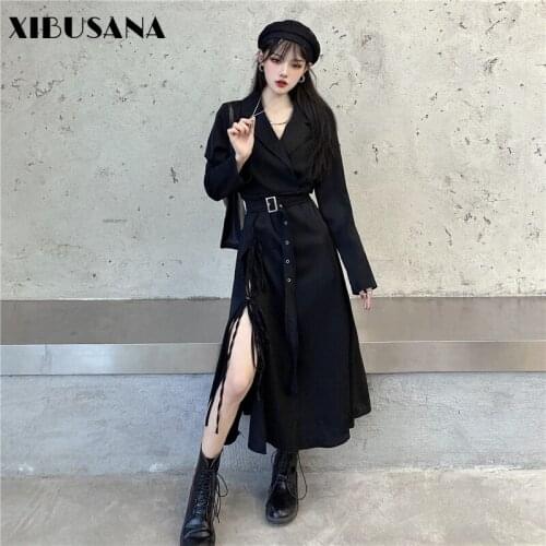 XIBUSANA 2020 High Waist Sashes Dresses Autumn Winter New Lady Vintage Solid Long Sleeve Split Notched Clollar Sexy Dress Female