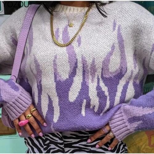 YOZOU 2021 Fall Y2k Vintage Purple Flame Pullovers Crochet Top Jumper Womens Sweater Knitted Top O Neck Loose Oversize