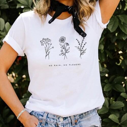 No Rain No Flowers Vintage Flower Tshirt Women Graphic T Shirts Camisetas Grunge Mujer Tumblr Summer Female Clothes Tops T-shirt