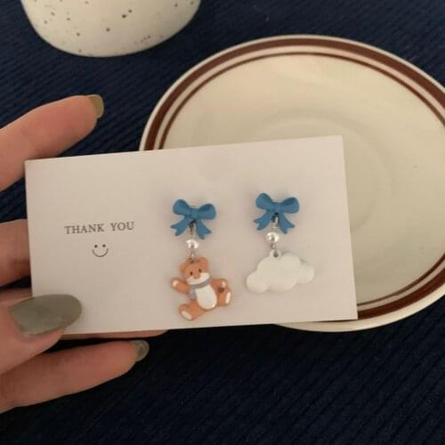 S925 Silver Needle Japanese Korean Bear Earrings Cute Cartoon Cloud Ear Clip Temperament Asymmetric Student Women Jewelry