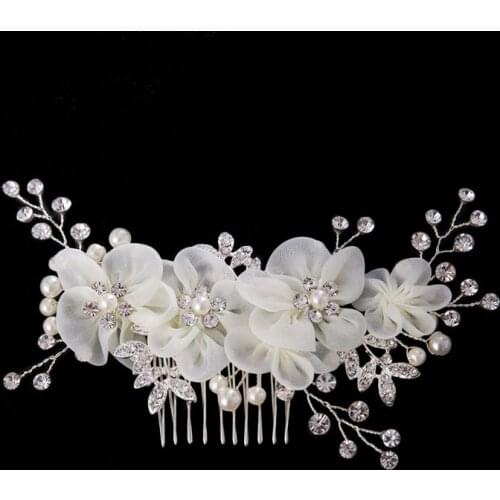 FORSEVEN Handmade Crystal Pearl White Color Yarn Flower Hair Combs Headpieces Women Bride Noiva Wedding Hair Jewelry Accessories