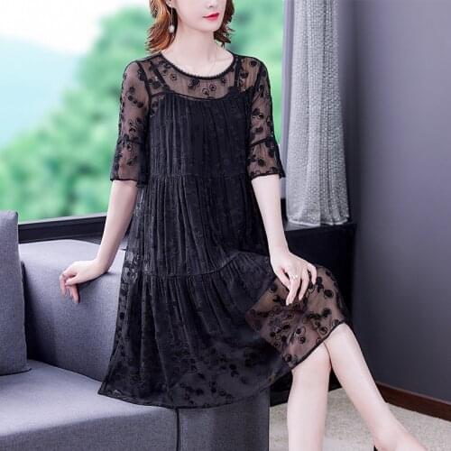 2021 Vinatge 5XL Plus Size Solid Dress Summer Black Lace Embroidery Casual Loose Midi Dress Women Elegant Bodycon Party Vestidos