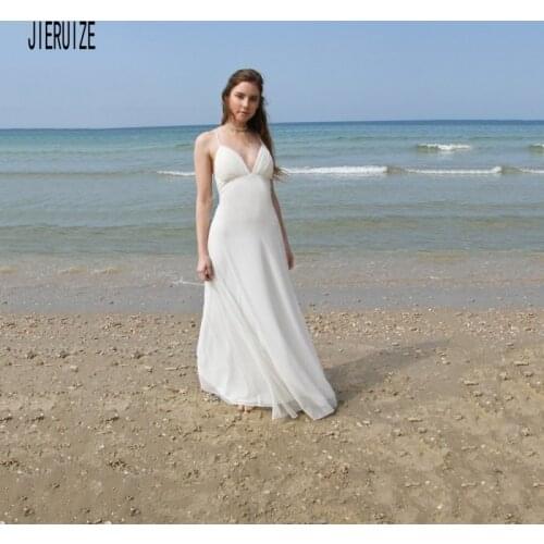 JIERUIZE A line Beach Wedding Dresses Sexy Deep V Cross Lace Up Back Chiffon Bridal Gown Vestido de novia