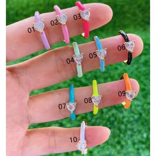 10PCS, Neon Enamel Women Ring Gold Color Heart Drop CZ Layered Lady Finger Ring Wedding Engagement Adjustable Stackable