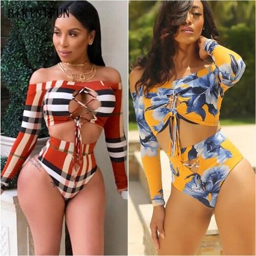 2020 New Sexy Long Sleeve Swimwear Women Checkered Beachwear Strapless Swimsuit S-XL Girl High Waist Bathing Suit Bikini Set