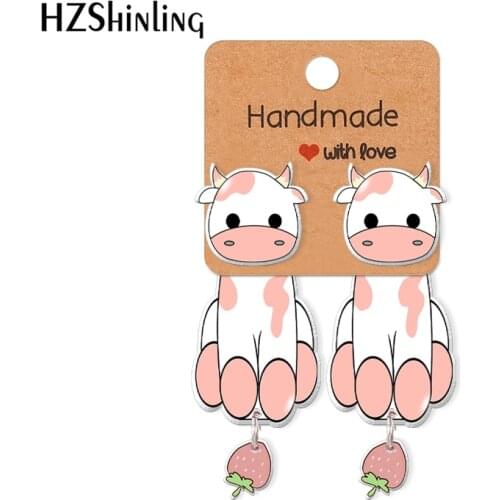 2021 New Cute Strawberry Cow Acrylic Stud Earring Dairy Cows Epoxy Resin Jewelry Handmade Items Gifts Girl
