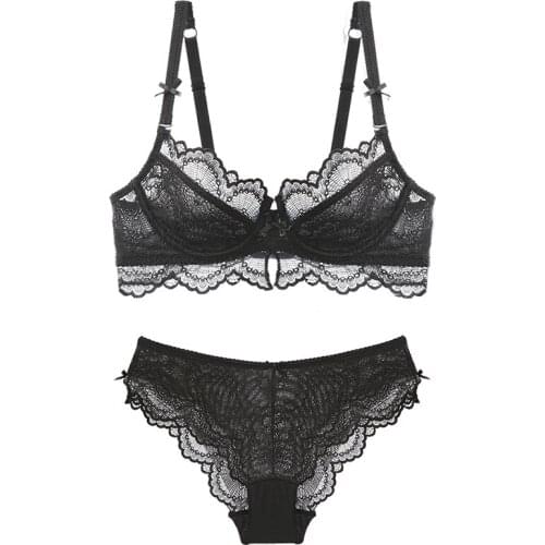 Black Thin Lace Bra Set Female Lingerie Transparent Bras And Panty Sets For Women Sexy Embroidery Underwear Push Up Brassiere