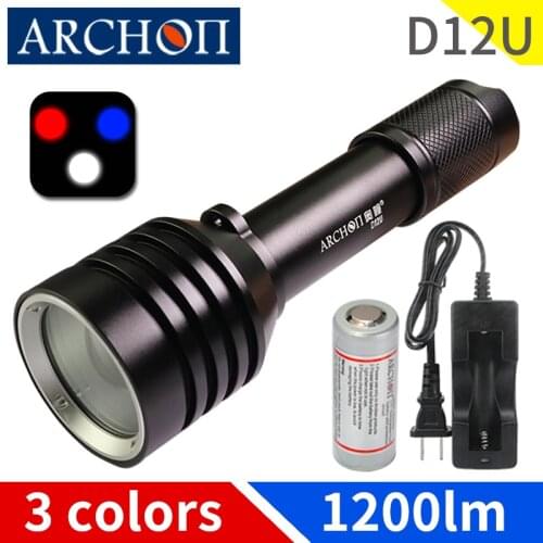 D12U zoomable 3 color diving photography lights 6500k white 1200lm spotlight diving lights blue red dive photography flashlight