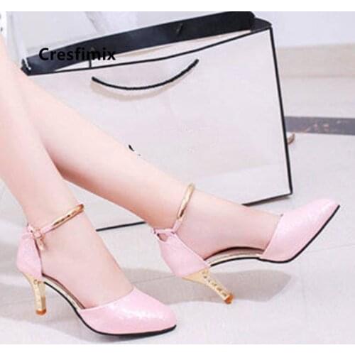Marlisasa Women Cute Sweet Pink Buckle Strap High Heel Shoes Ladies White Pu Leather Stiletto Heels for Party Night Club F5776