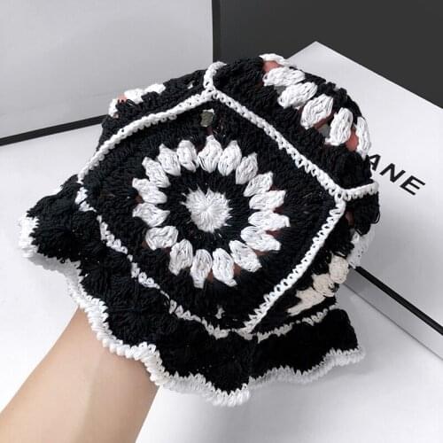 Cute Hollow Knitted Fisherman Hats For Women Handmade Pot Cap Embroidery Flowers Female Sun Protection Bucket Hat