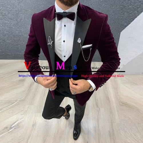 Mens Wedding Suits 2021 Burgundy Velvet Men Suits Slim Fit for Groom Wedding 3 Piece Prom Dinner Clothes Male Blazers Tuxedos