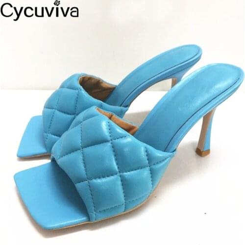 New Rhombus Leather Mules heels Slippers Women Square Toe High Heels Summer Sandals Sexy Runway Party ladies Shoes Woman