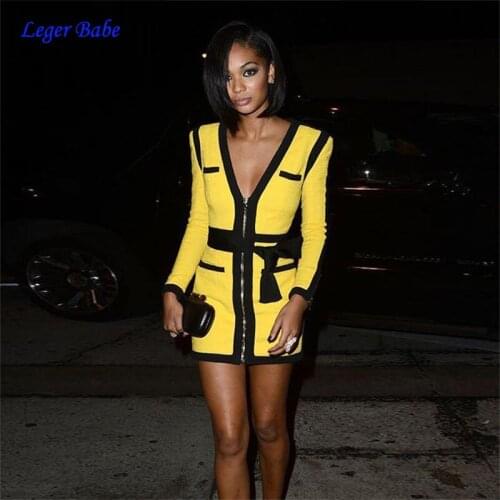 2020 New Arrivals Knitted Women Bandage Dress Deep V Neck Zipper Long Sleeve Yellow Patchwork Casual Party Winter Dress Vestidos