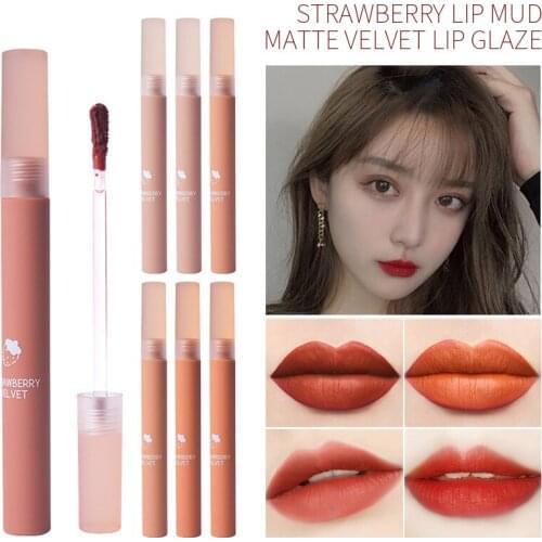 NEW Lip Gloss Cute Strawberry Matte Velvet Longlasting Waterproof Liquid Lipstick Nonstick Cup Lip Makeup Pigment 6colors TSLM1