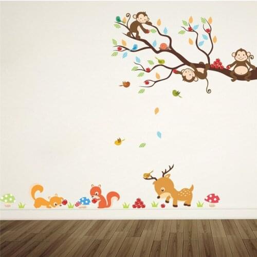 Naughty Monkey Deer Tree Branch Wall Art Sticker For Home Decoration Diy Cartoon Birds Animals Mural Art PVC Decals Kids Posters