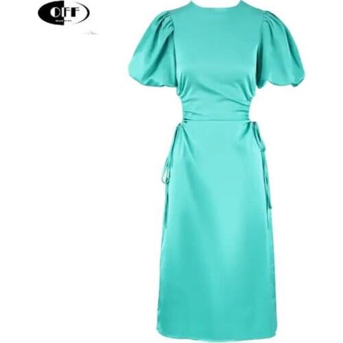 Fashion Party Evening Solid Midi Dresses For Women Elegant Summer Hollow Out O-neck Puff Sleeve Sexy Beach Chic Traf Dress Femme
