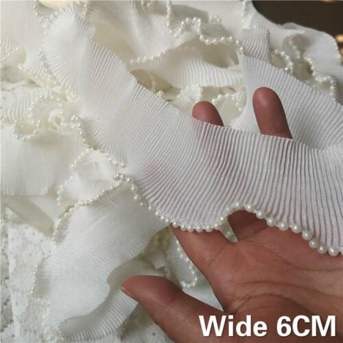 6CM Wide Luxury White Elastic Pleated Chiffon Beaded Folded Lace Ribbon Ruffle Trim Dress Garment Collar DIY Sewing Accessories