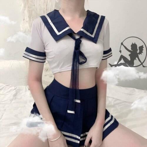 Sexy Lingerie Set Blue Sailor girl School Girl Outfit Erotic Short Top See Through Cosplay Costumes Top and MiniSkirt for Women