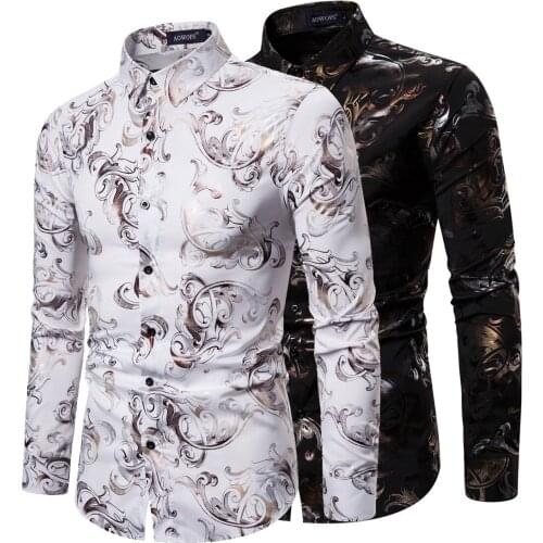 YS082 Spring New Style Casual MENS Long-sleeved Shirt Digital Bronzing Printed Elasticity Mens Dress Shirts