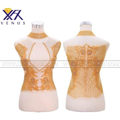 XFX VENUS 1 Set front&back Rhinestones applique gold beads patches large size trimming motif for women Clothes Fabric garment