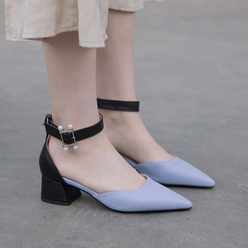 COOLULU Women Pointed Toe Dorsay Pumps Shoes Ankle Strap All Match Mid Chunky Heel Pumps Shoes Ladies Casual Pumps Size 34-43