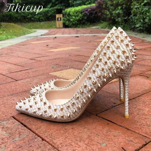 Tikicup Women Golden Glitter Spikes Pointy Toe High Heels Fashion Ladies Wedding Shoes Slip On Pumps 8cm 10cm 12cm Customize