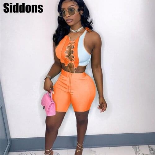 Summer Outfits Sexy Two Piece Set Patchwork Bandage Crop Top Biker Shorts for Women Vacation Night Clubwear Matching Set
