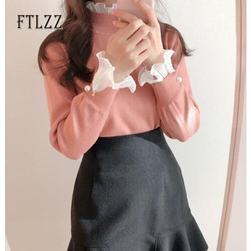 Women Sweet Sweater Top Spring Autumn Slim Long Sleeve Patchwork Lotus Leaf Edge Knitted Pullover Ladies Fashion Pink Sweaters