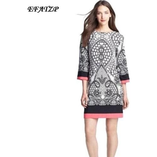 NEW Spandex Dress Womens Colorful Abstract Geometric Print Slash Collar Three Quarter Sleeve Loose Plus Size XXL Dress