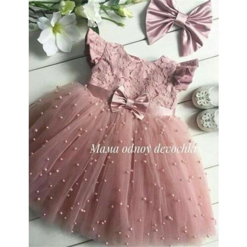 Boiiwant 2-7Y Baby Girls Princess Dress Fly Sleeve Lace Princess Wedding Dresses Pearl Tulle Patchwork TuTu Dress Sundress