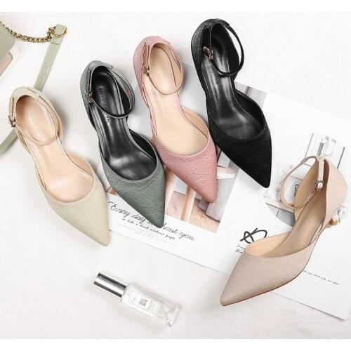 2020 Spring Sexy Two-Piece Thin High Heels Shoes Woman Ankle Strap Pointed Toe Pumps Office Lady Career Elegant Solid Sandals