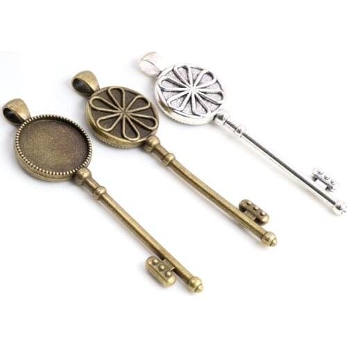 5pcs 20mm Inner Size Antique Silver Plated Bronze Key Style Cabochon Base Setting Charms Pendant