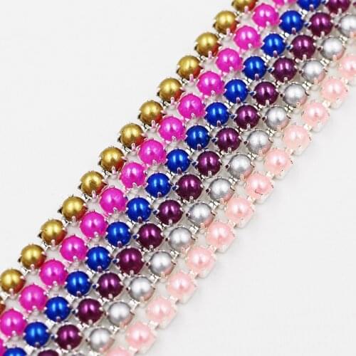 NEW 5 yards/bag Silver base Imitation pearls with claw sew on cup chain diy wedding clothing accessories