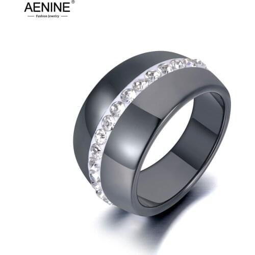 AENINE Bohemia Black Ceramic Crystal Party Rings Jewelry For Women Stainless Steel White Clay Rhinestone Engagement Ring AR19081