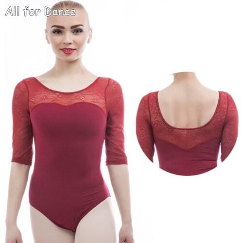 Free Shipping 3/4 Sleeves Black/Burgudy Cotton Lace Sleeves Ballet Dance Leotard Bodysuit ShapeWear Adult Ballet Wear