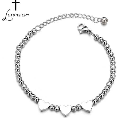 Letdiffery Stainless Steel 3 Tiny Hearts Beads Bracelets Never Fade Silver Color Women Jewelry For Girl Wife