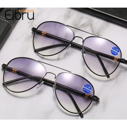 Elbru Anti Blue Light Bifocals Reading Glasses Men Women HD Presbyopic Eyeglasses Vintage Pilot Metal Eyewear Diopters +1.0 +3.5