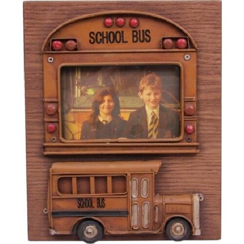 Photo Frame School Bus Metal Wood Decor Vintage Decorative Gift Trinket Miniature Nostalgic Handmade Hand Painted Quality