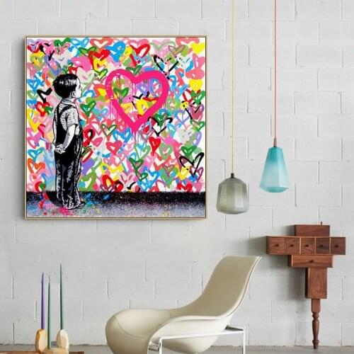 Graffiti Art Little Boy and Colorful Love Hearts Posters and Prints Canvas Paintings Wall Art Pictures for Living Room Decor