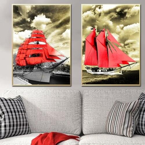 Red Ship Landscape Art Pictures Red Boats Prints Posters Canvas Painting Wall Picture for Living Room Aisle Decor Unique Gift