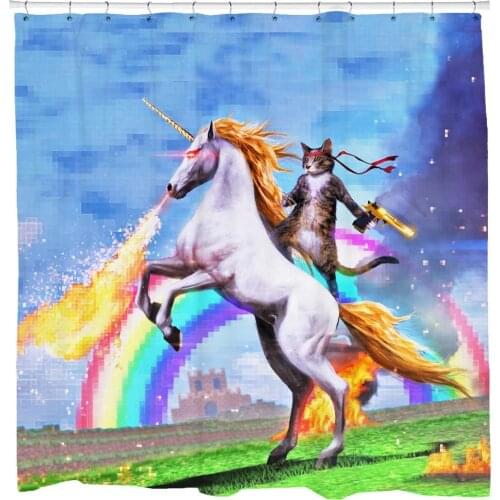Cool Cat Shower Curtain Set Man Cave Bathroom Decor Awesome Unicorn Shooting Fire